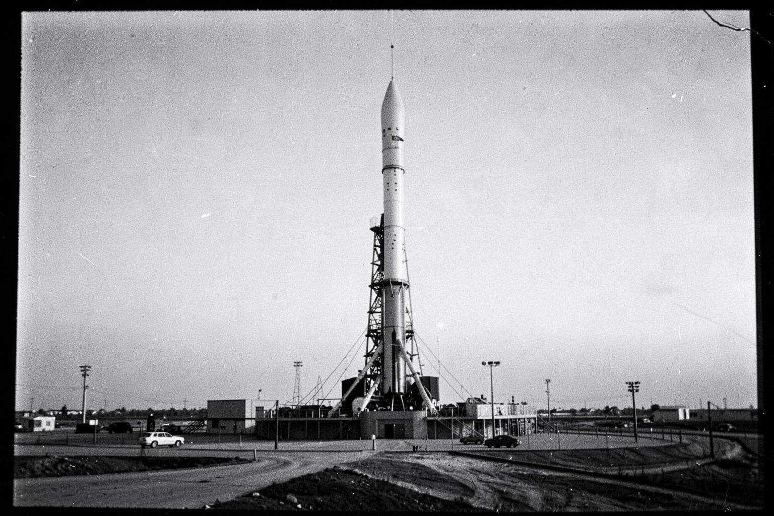 A Mercury-Redstone rocket on the launch pad at Cape Canaveral